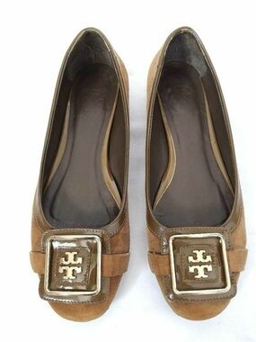 Tory Burch Julian Brown Suede Logo-Buckle Flats Size 9